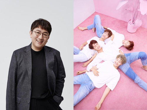 [사진]빅히트, 뮤직K 제공, 방시혁 프로듀서와 하이틴밴드 아이즈(오른쪽)

