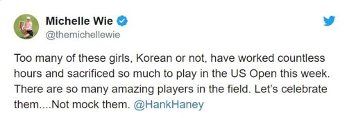 [사진]미셸 위 트위터 캡처,한국인&middot;여자 골퍼 비하 발언을 비판하는 미셸 위의 트위터