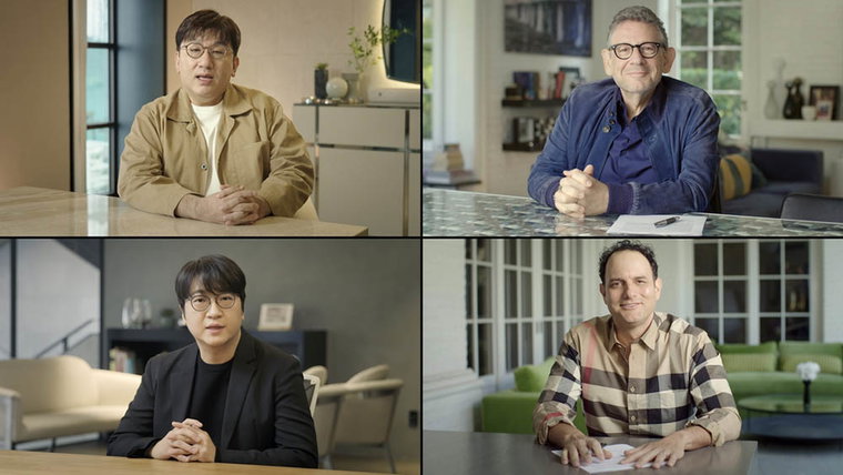 [사진]빅히트 엔터테인먼트/유니버설뮤직그룹 제공, (좌측 상단부터 시계방향) 빅히트 엔터테인먼트 방시혁 이사회 의장 겸 대표이사, 유니버설뮤직그룹 루시안 그레인지 회장 겸 CEO, 인터스코프 게펜 A&M 레코드 존 재닉 회장 겸 CEO, 빅히트 엔터테인먼트 윤석준 Global CEO