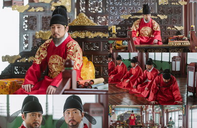 KBS 1TV 대하드라마 <태종 이방원> 주상욱, 어좌에 앉아 굳은 얼굴로 신하들과 논의 중! 세자 자리를 차지하기 위한 형제 경쟁의 마침표 예고